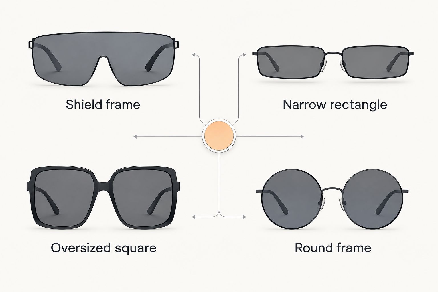 Four sunglasses frame shapes compared: shield, narrow rectangle, oversized square and round