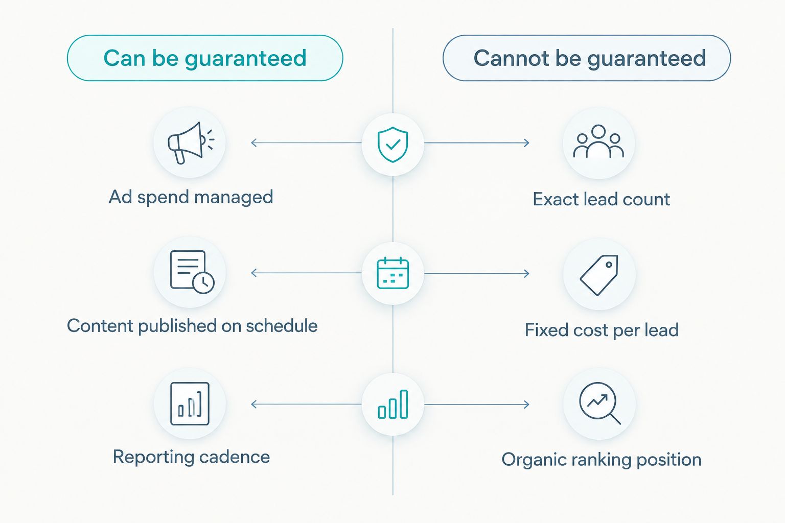 Two-column diagram comparing what a digital marketing agency can and cannot guarantee