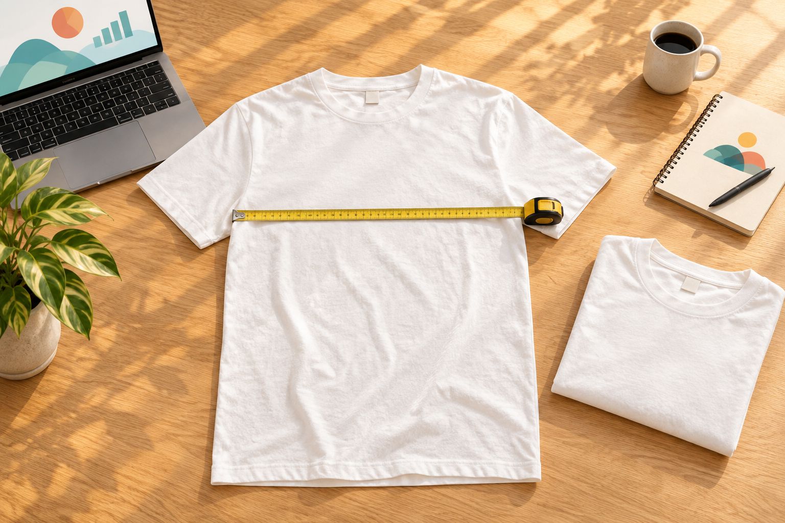 A blank t-shirt laid flat with a measuring tape across the chest