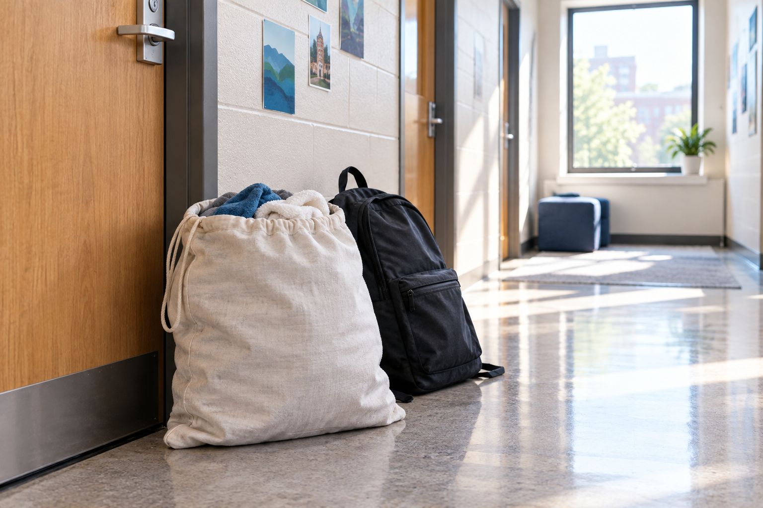A laundry bag left outside a dorm room door for pickup