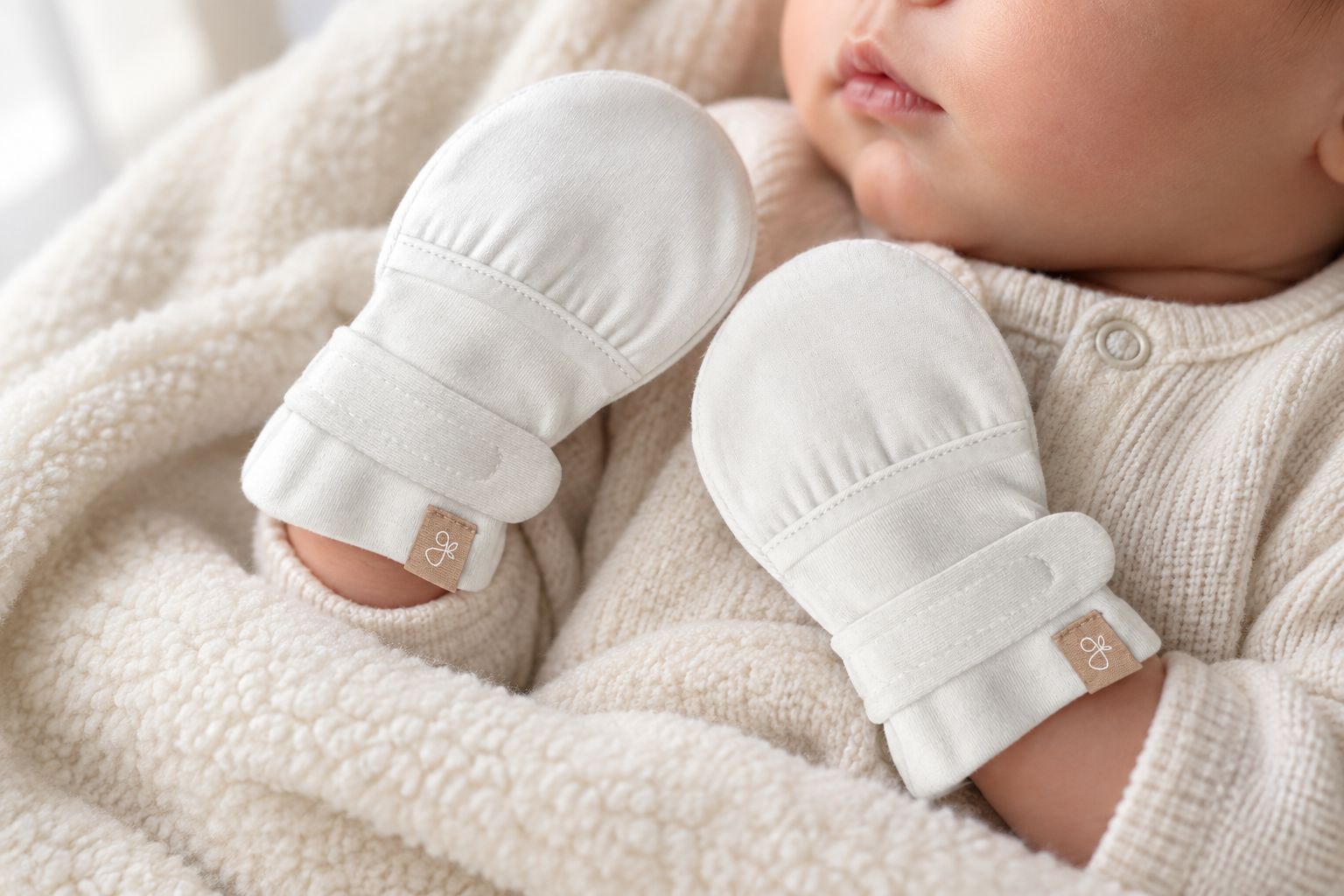 Newborn hands wearing soft stay-on mittens