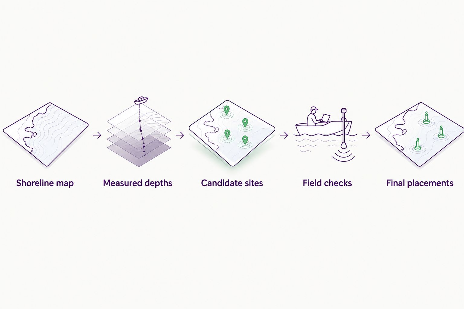 Workflow from a shoreline map and measured depths to checked fish habitat placements