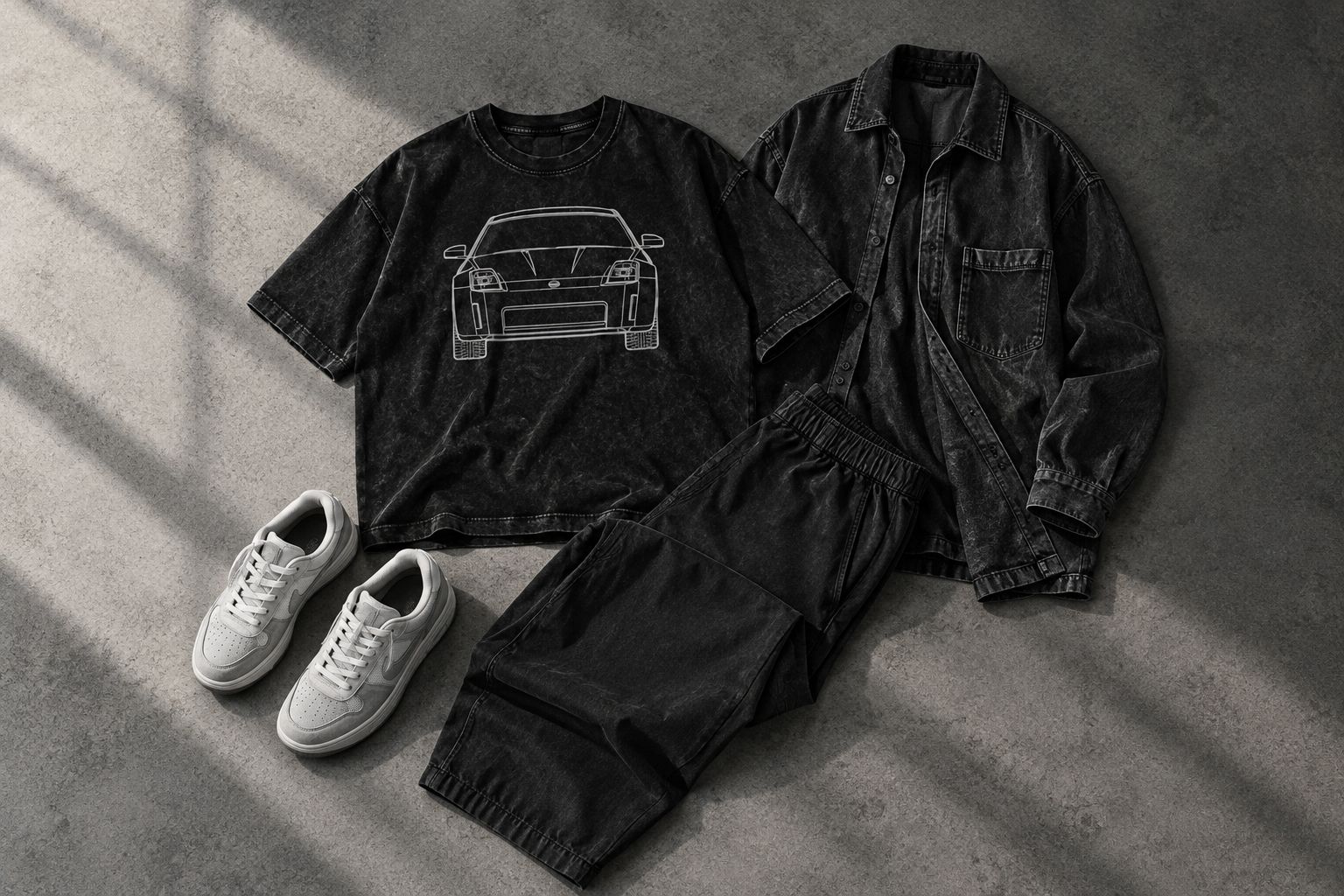 Car-inspired graphic top paired with plain trousers, sneakers, and an optional overshirt