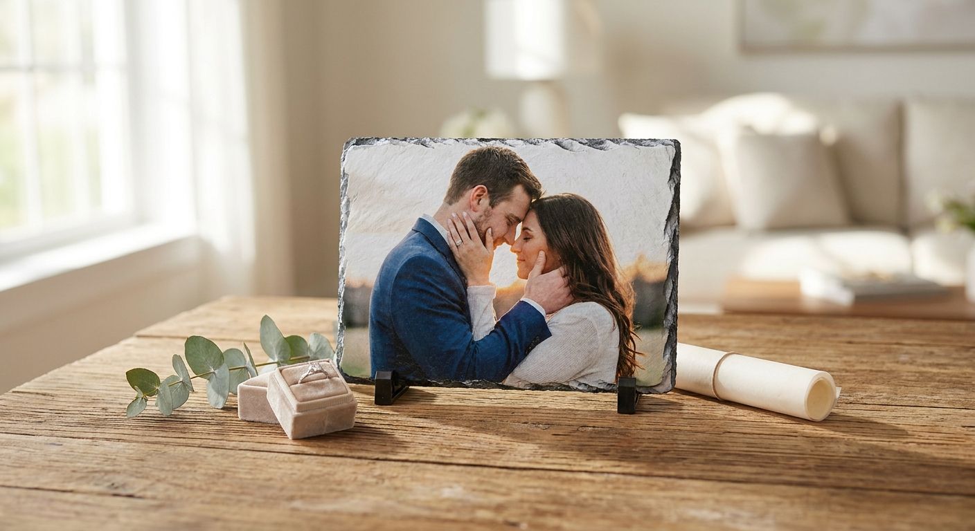 Slate photo keepsakes for engagement announcements