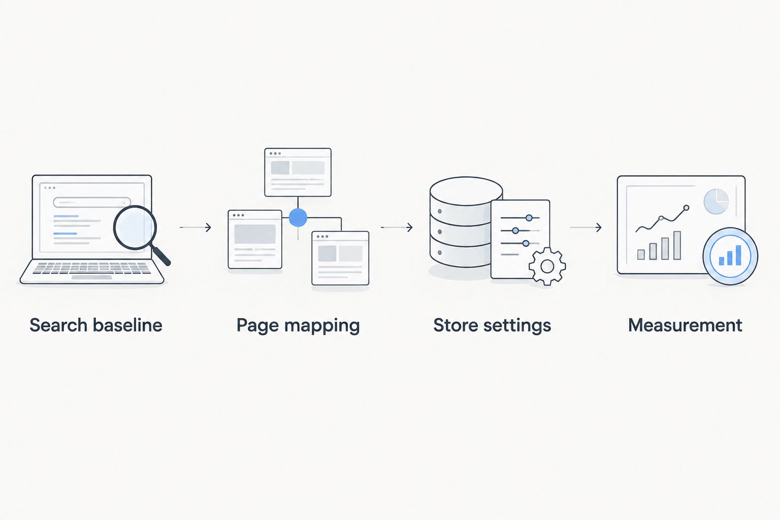Workflow from a search baseline through page mapping and store settings to measurement