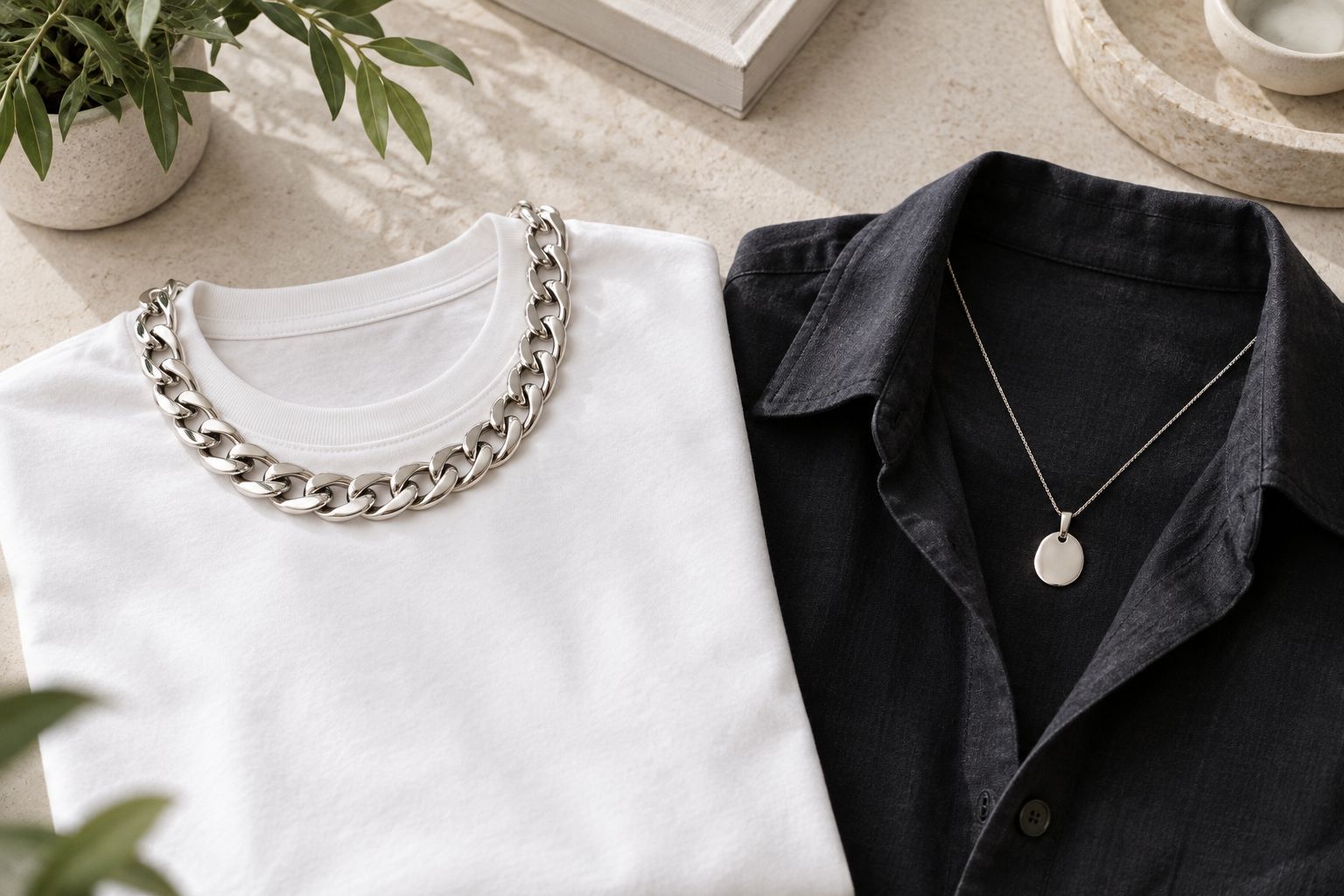 Chunky chain at a crew neckline beside a pendant positioned inside an open shirt