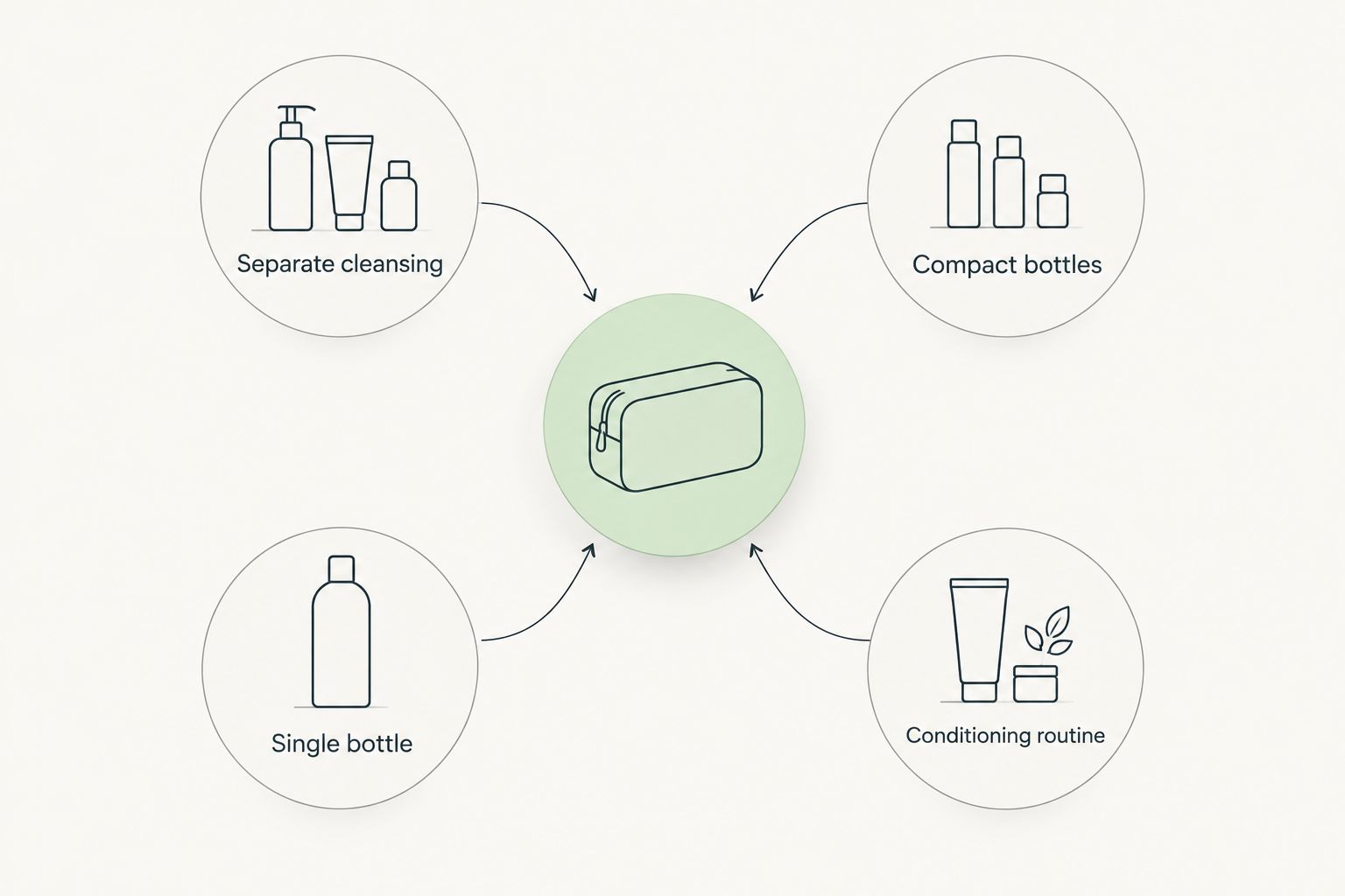 Four travel-toiletry priorities: separate cleansing, compact bottles, one bottle, and conditioning.