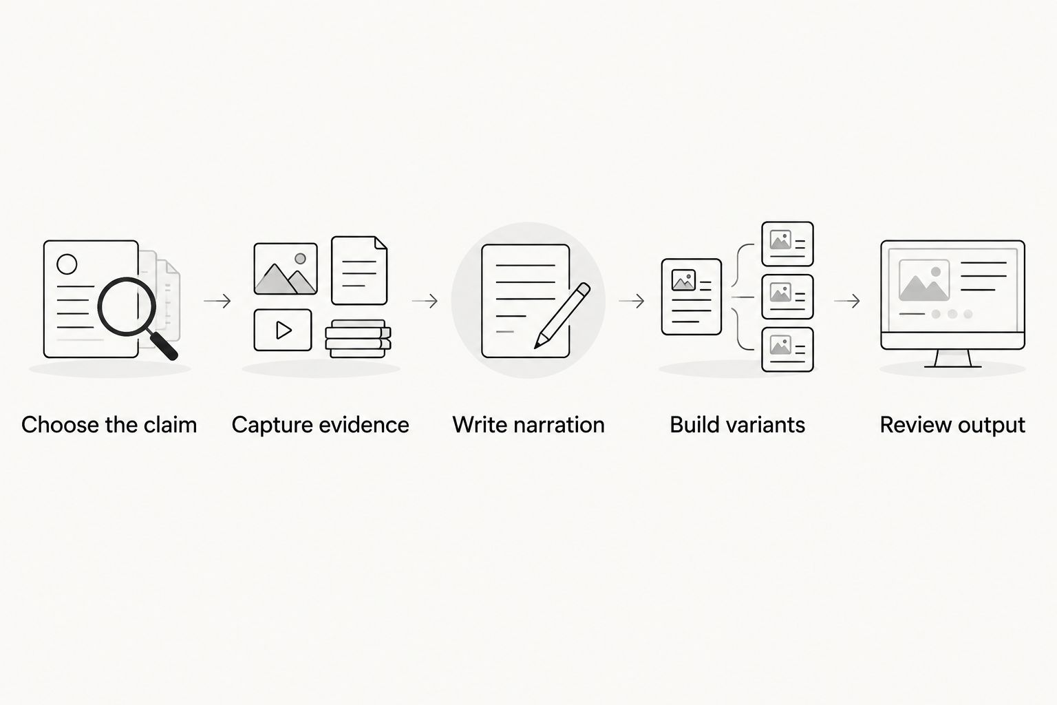 Five production steps from choosing a claim to reviewing the finished video