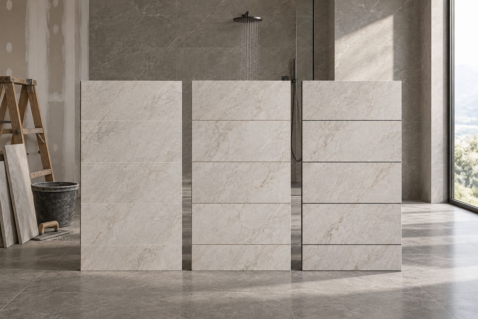 Porcelain tile mockups showing closely matched, moderate, and contrasting grout