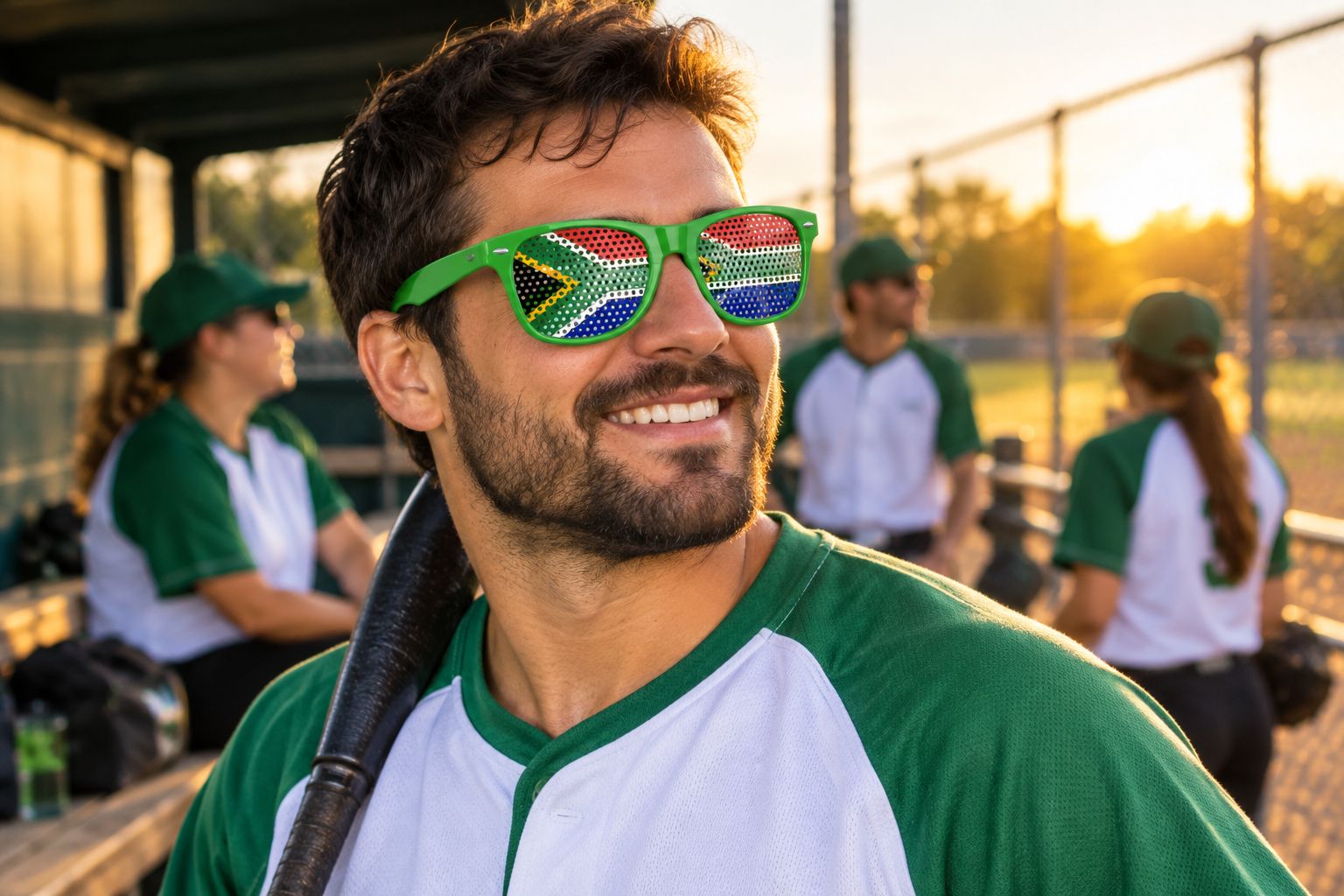 Player wearing flag-pattern party sunglasses at a softball dugout