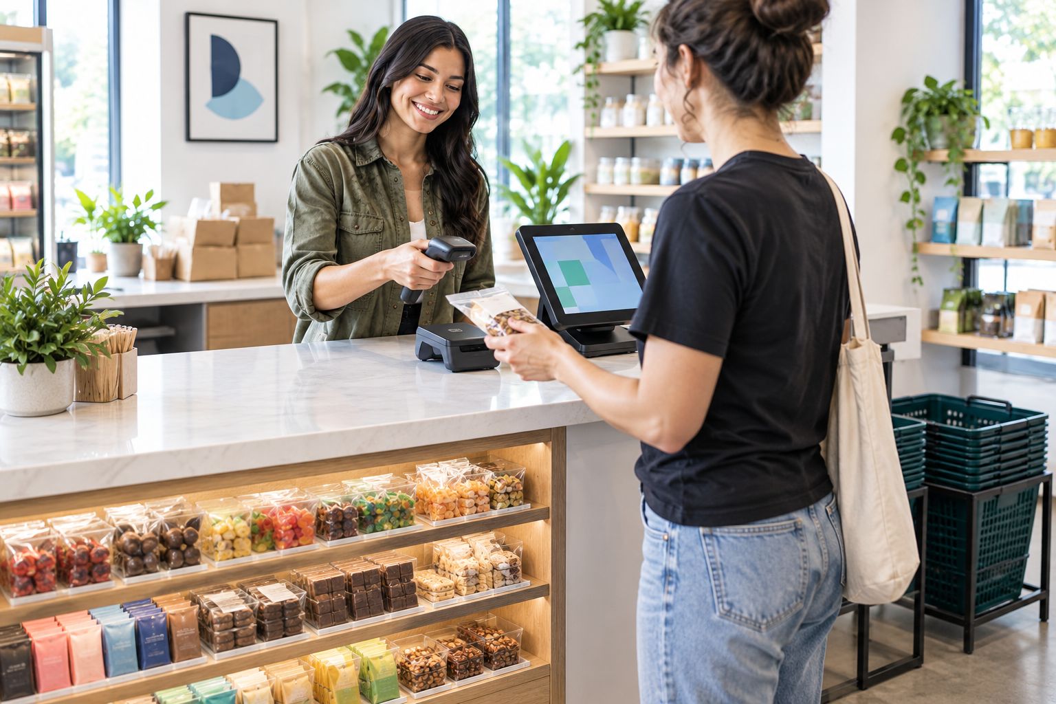 Retail checkout with separate counter-front merchandise, packing space and basket collection