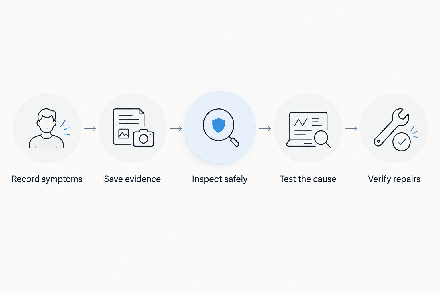 Diagnostic sequence from recording symptoms to verifying the repair