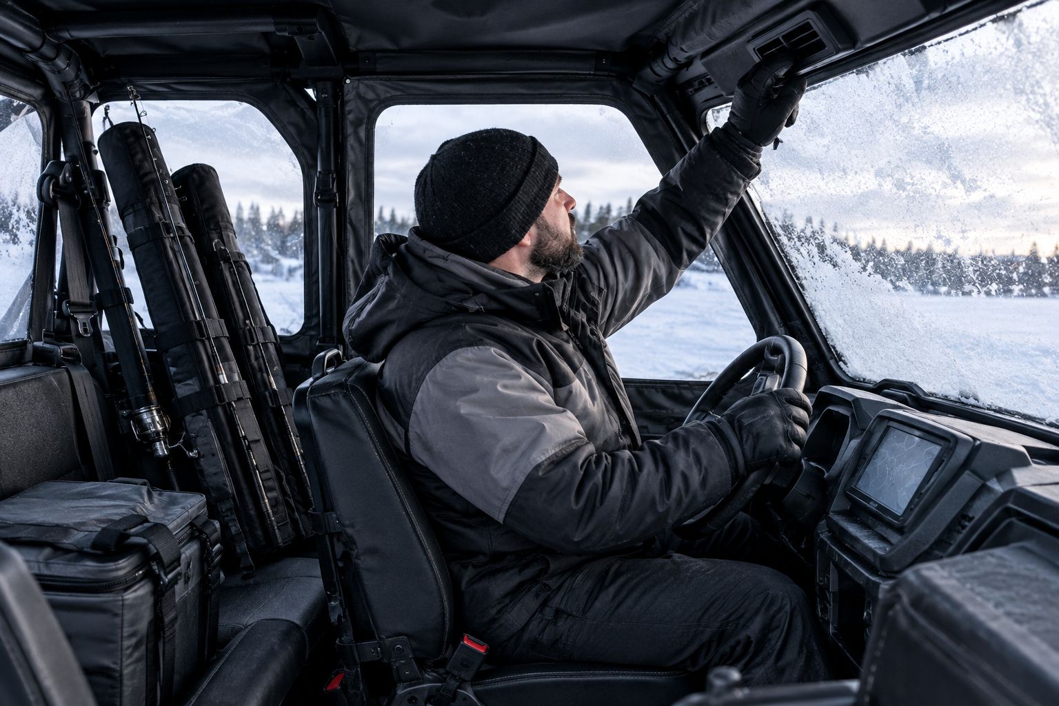 UTV cab enclosure interior set up for a cold-weather ice fishing trip