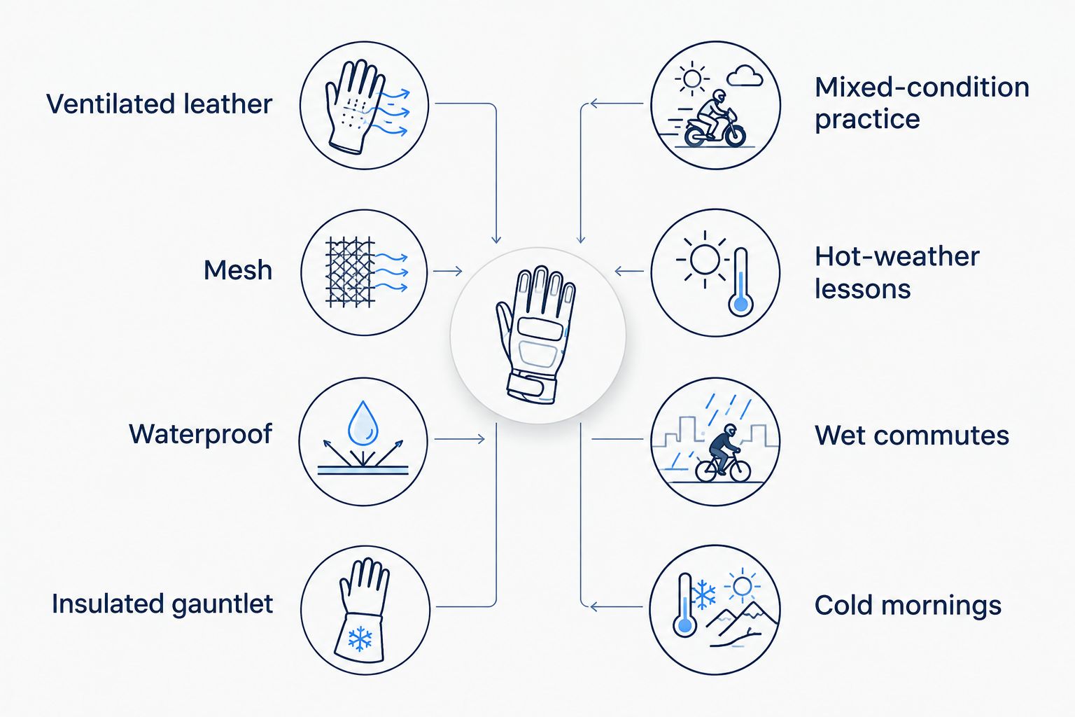 Four motorcycle glove designs matched to practice, hot weather, wet commutes, and cold mornings.