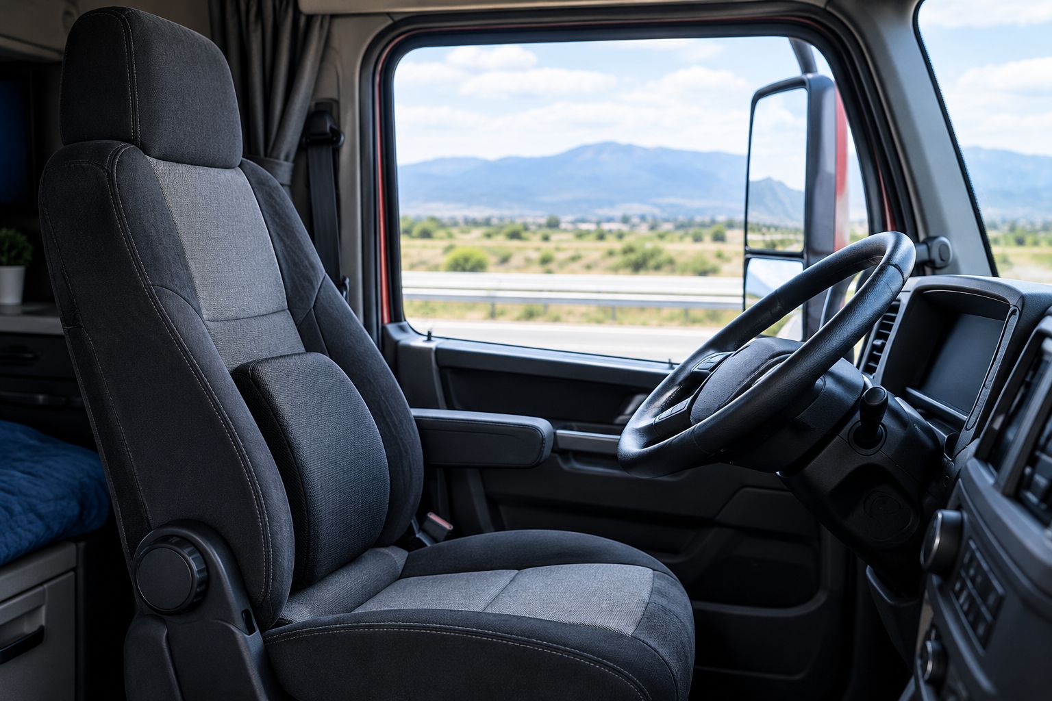 Truck cab interior showing an adjustable driver's seat with lumbar support