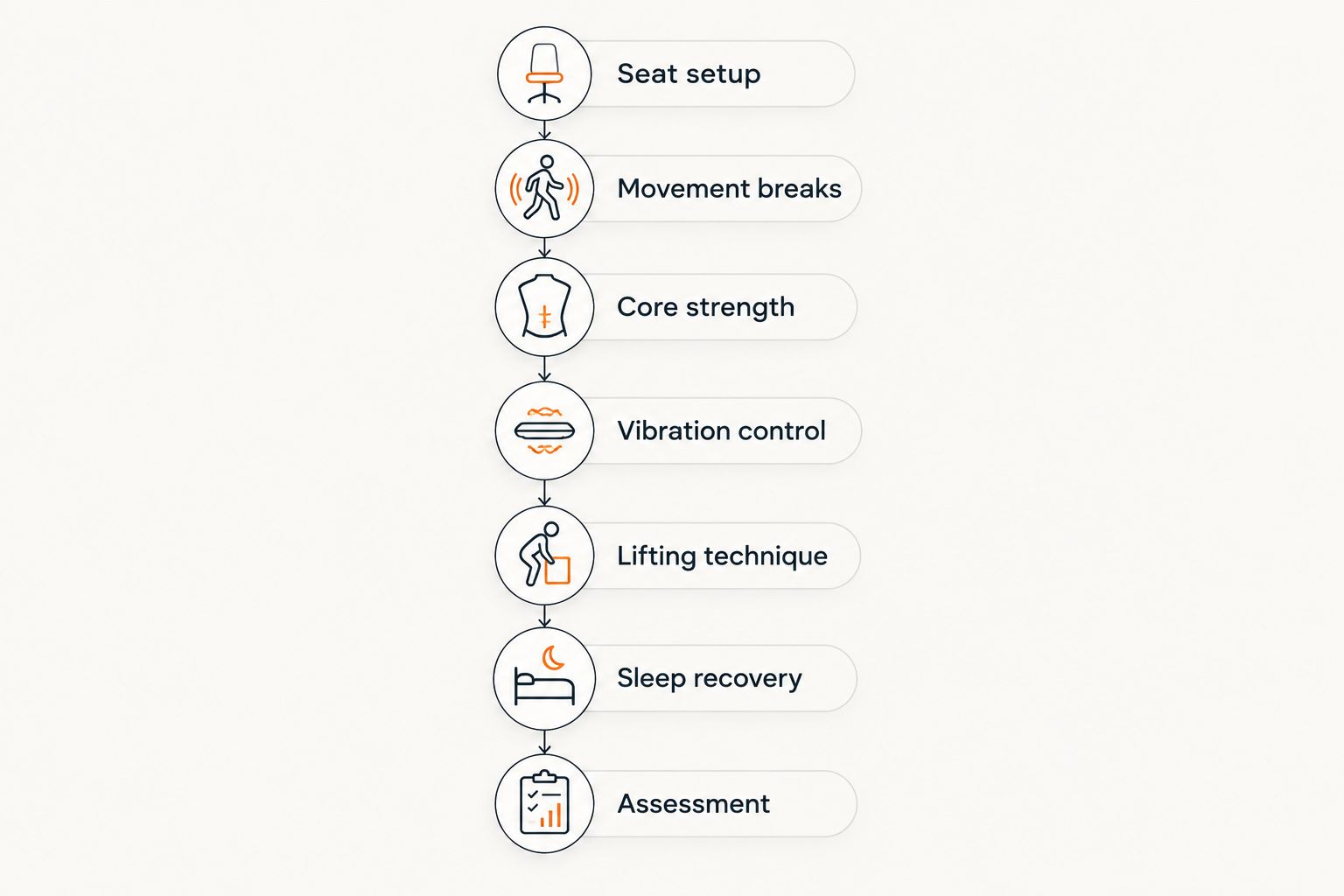 Seven-step flow from seat setup through to professional assessment