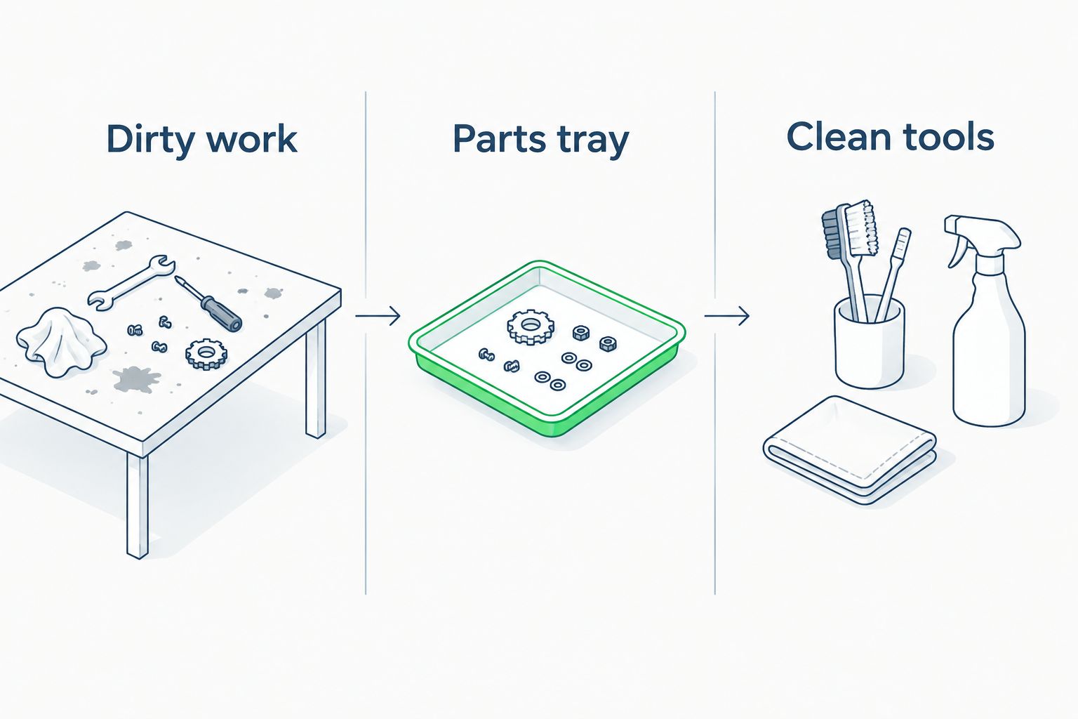 Three cleaning-workspace zones for dirty work, a parts tray, and clean tools