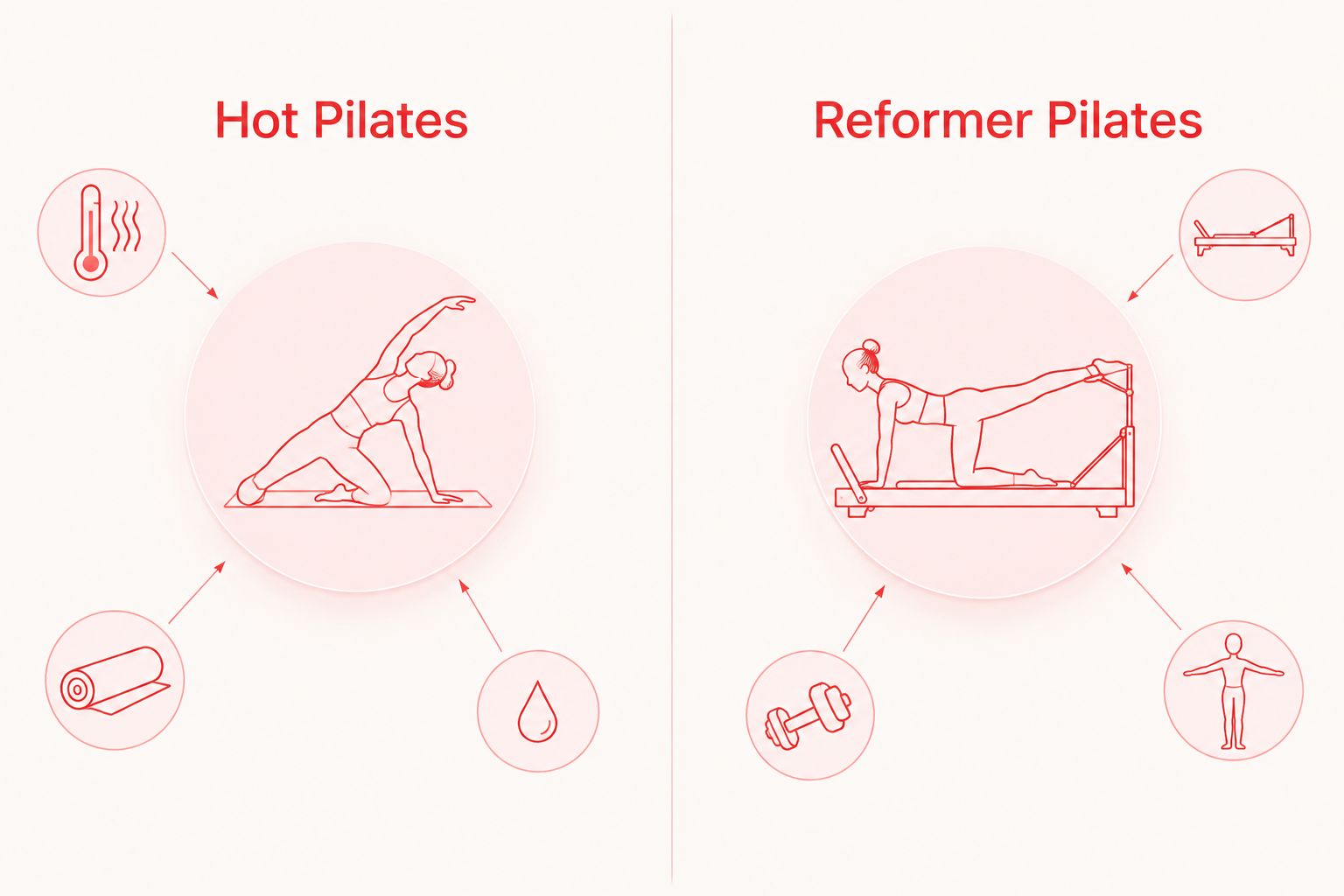 Two-column comparison of a heated Pilates class and a reformer Pilates class