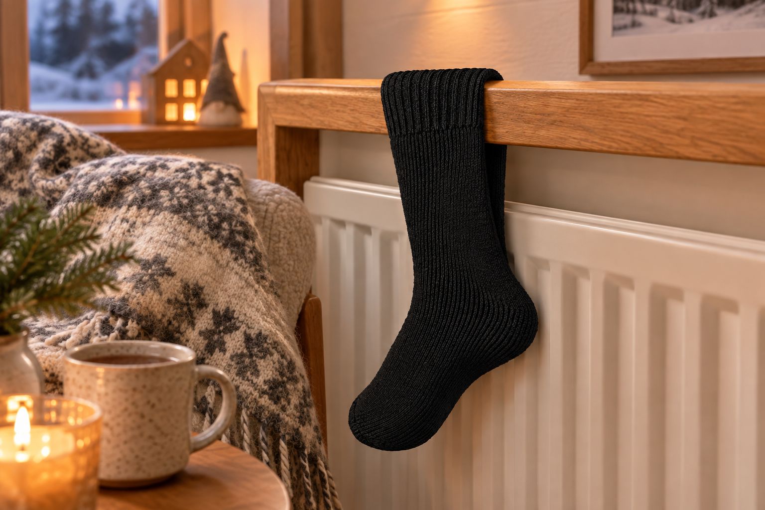 Wool socks hung to air out over a radiator rail