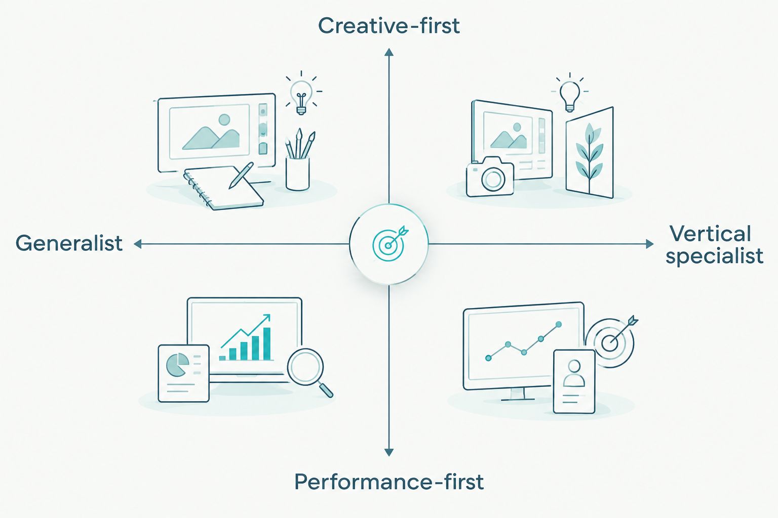 2x2 matrix comparing creative-first versus performance-first and generalist versus specialist agencies