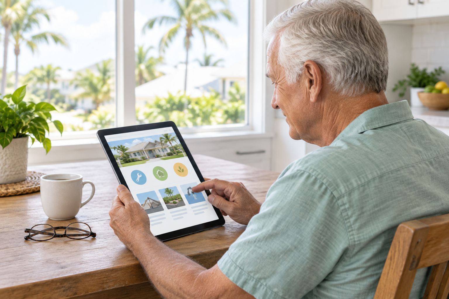 Senior homeowner reading a large-text contractor website on a tablet
