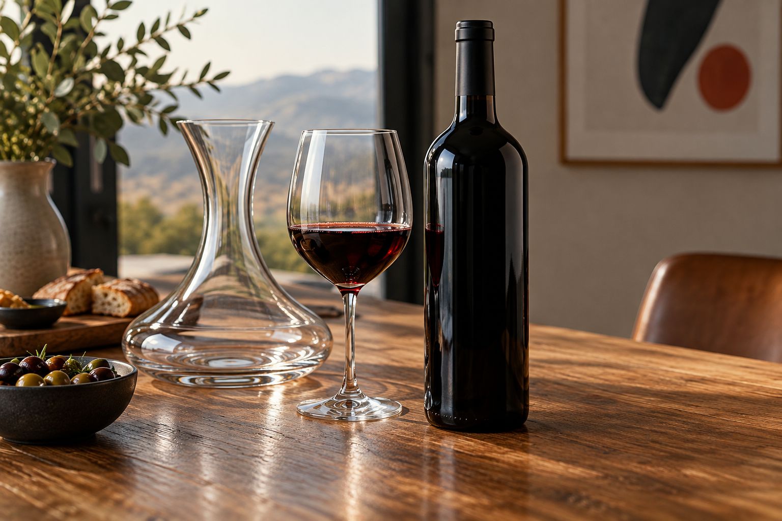 A small red wine tasting pour beside a bottle and an empty decanter