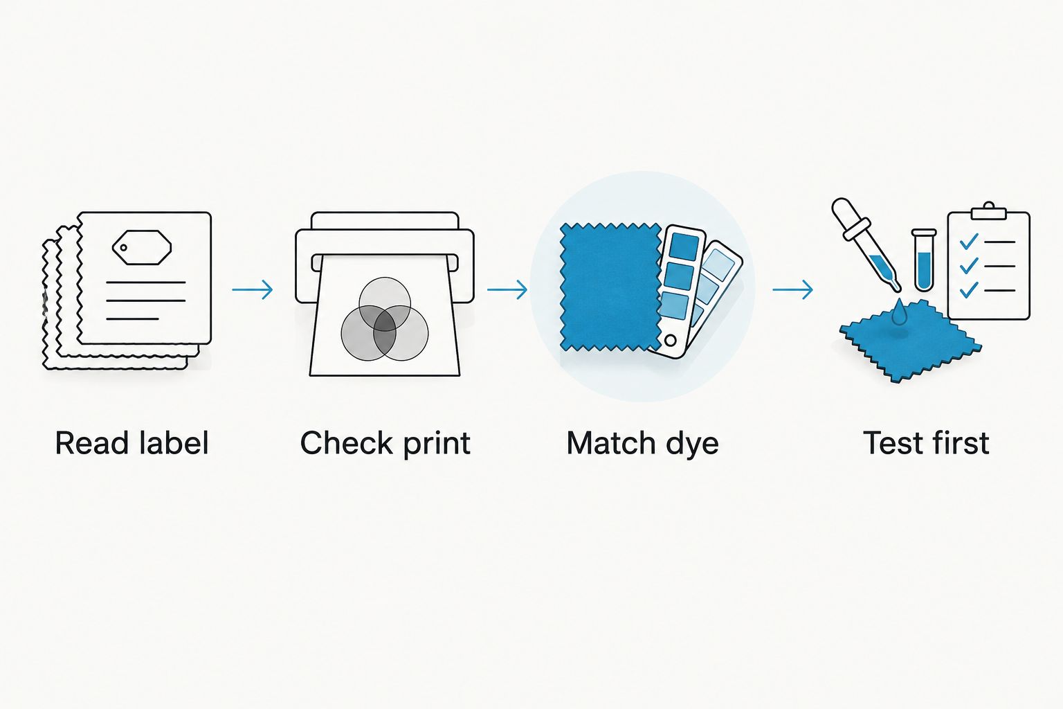 Four checks before dyeing a faded cowboy tee: label, print, dye compatibility, and testing.