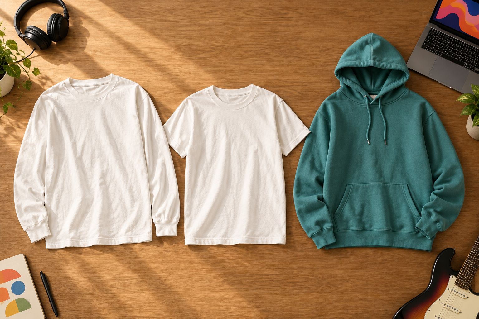 Long-sleeve shirt, short-sleeve shirt, and hoodie showing their different garment shapes