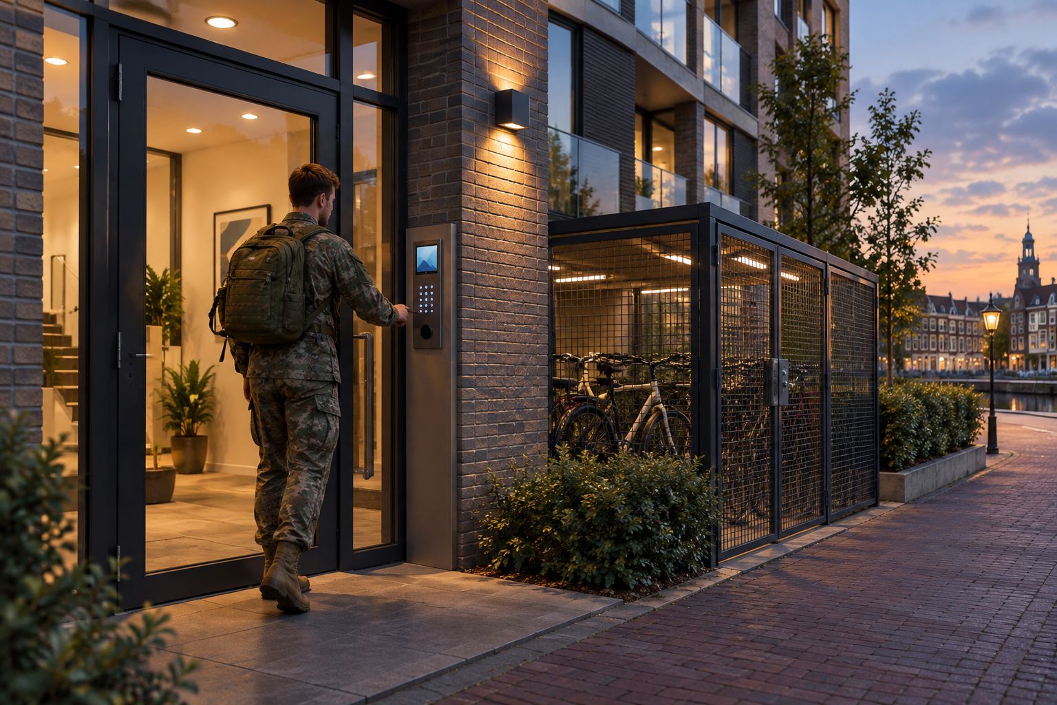 Secure apartment building entrance with intercom and bike storage in the Netherlands