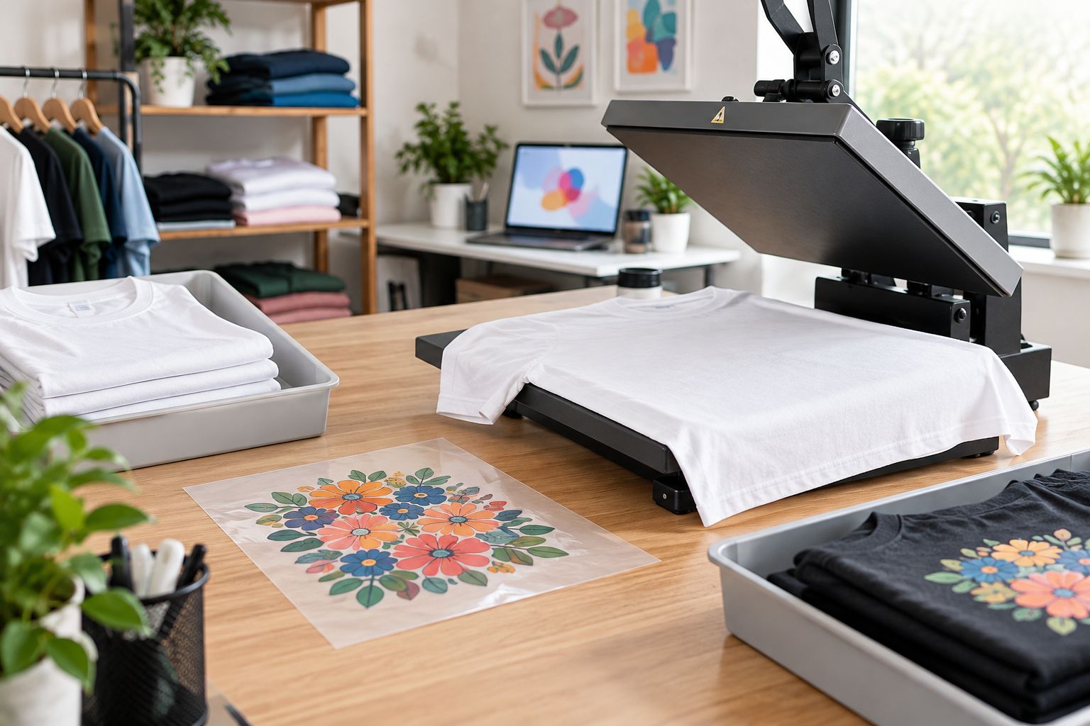 Heat press workbench with a shirt, transfer film, and separate garment trays