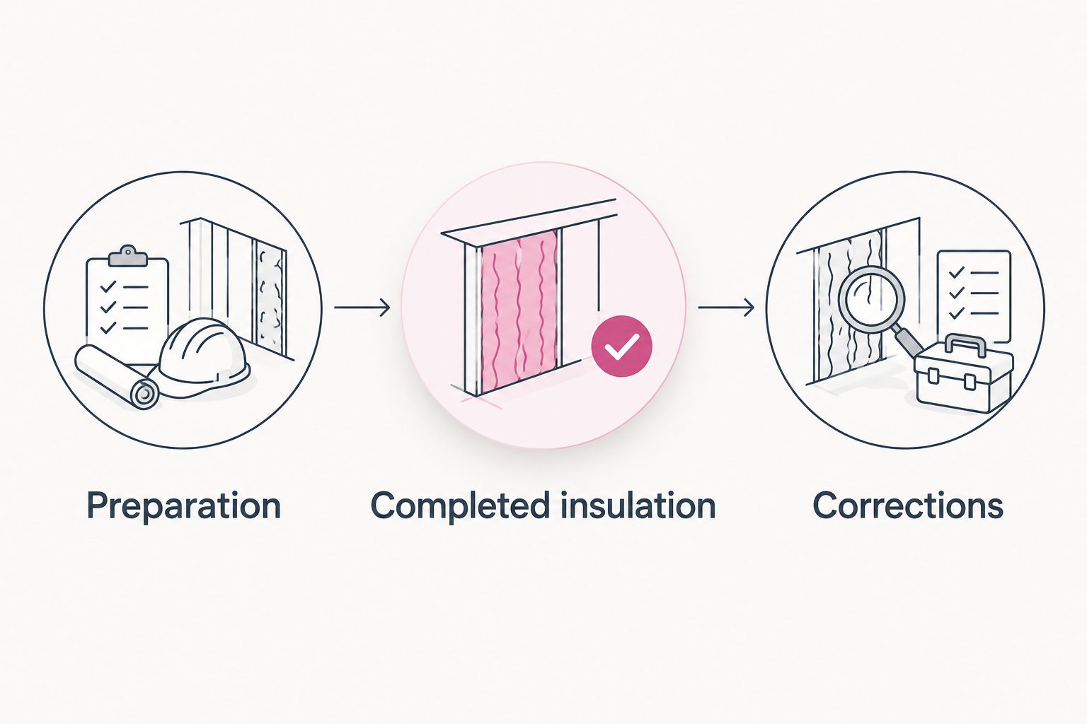 Three insulation inspection checkpoints: preparation, completed insulation, and corrections