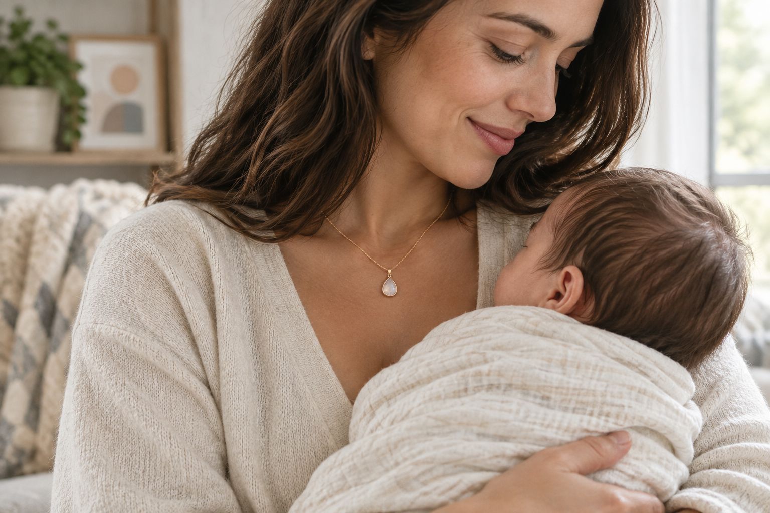 Mother wearing a short pendant necklace while holding a newborn