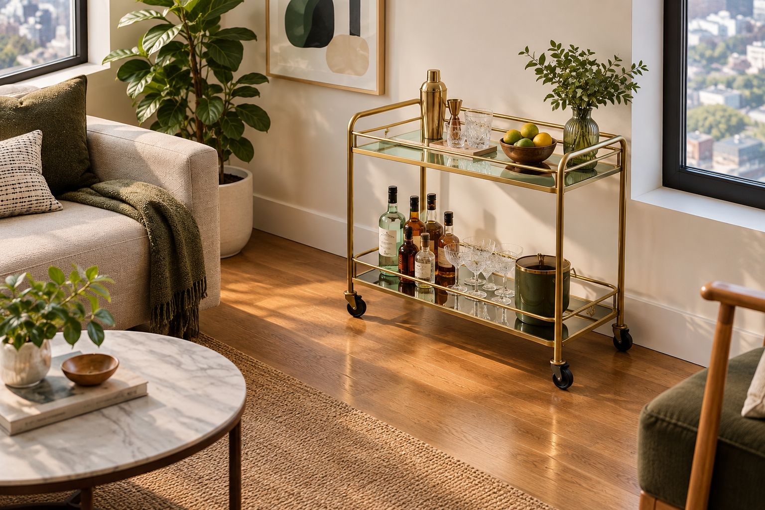 A home bar cart beside a wall with a clear top surface and an unobstructed walkway.