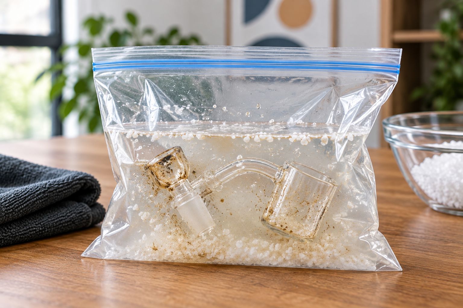 Dab rig bowl and quartz banger soaking in alcohol and salt inside a resealable bag