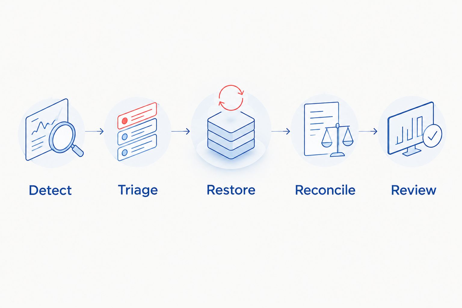 Incident handling sequence from detection through restoration, reconciliation and review.