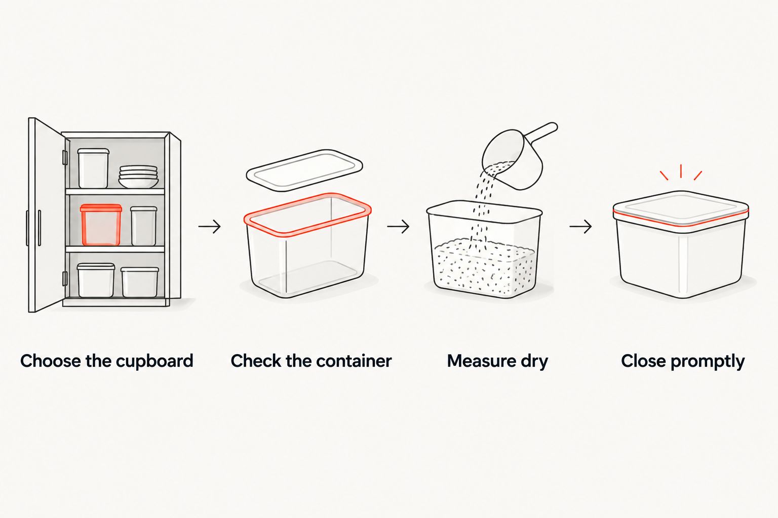 Four storage steps: cupboard choice, container check, dry measuring and prompt closure.