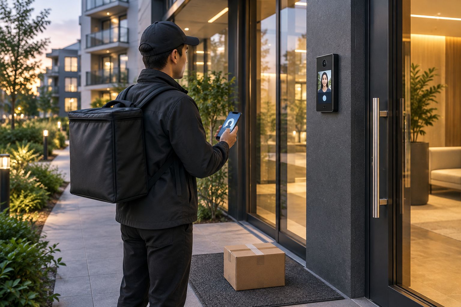 Apartment building entrance with a video intercom panel next to the front door