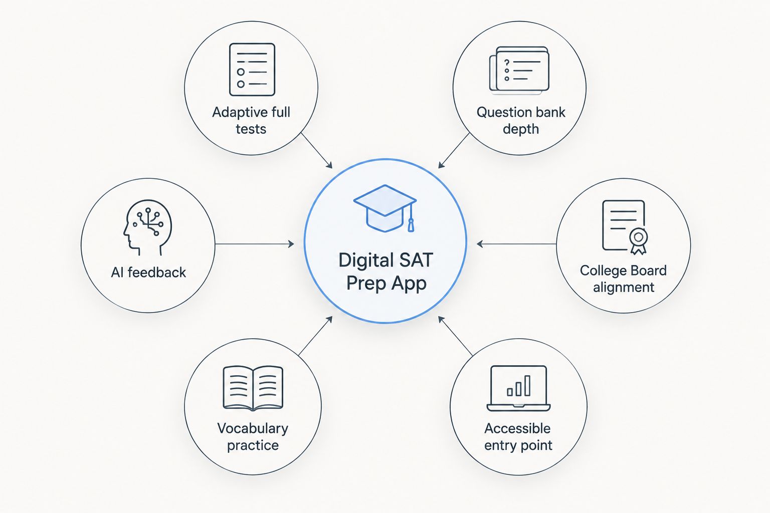 Diagram showing six criteria that define the best digital SAT prep app