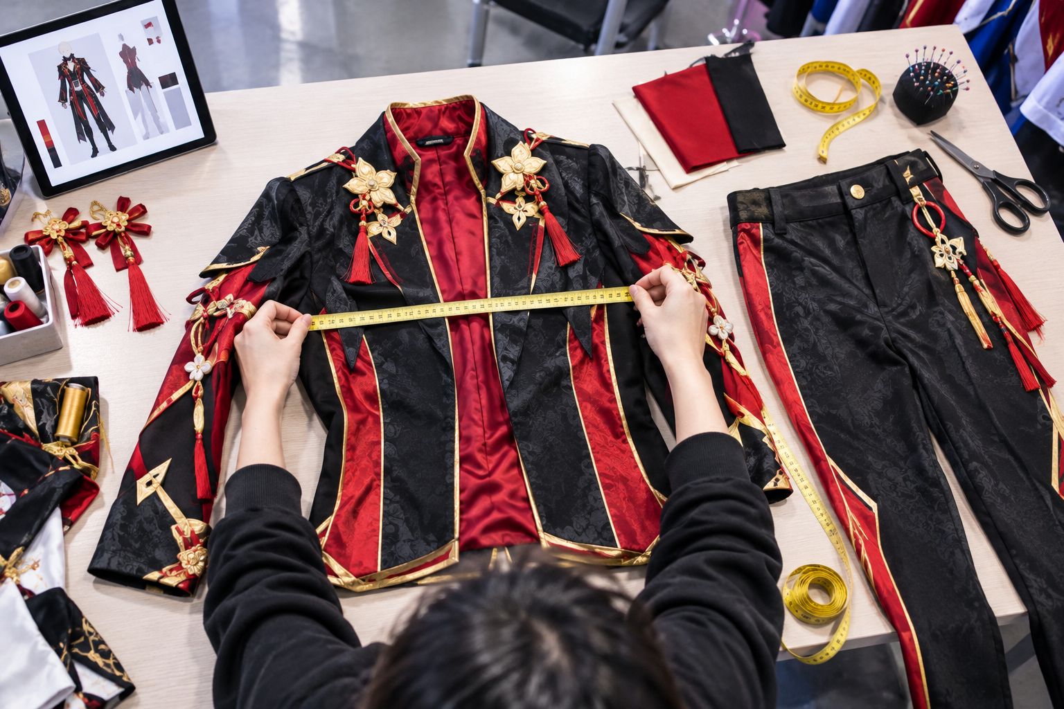 Hands comparing a costume jacket's flat measurements with a measuring tape