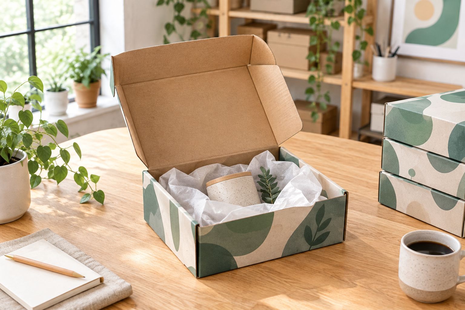 Open custom printed mailer box with tissue paper and a product inside