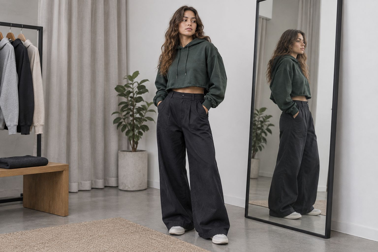 Boxy waist-length hoodie meeting the waistband of wide-leg trousers