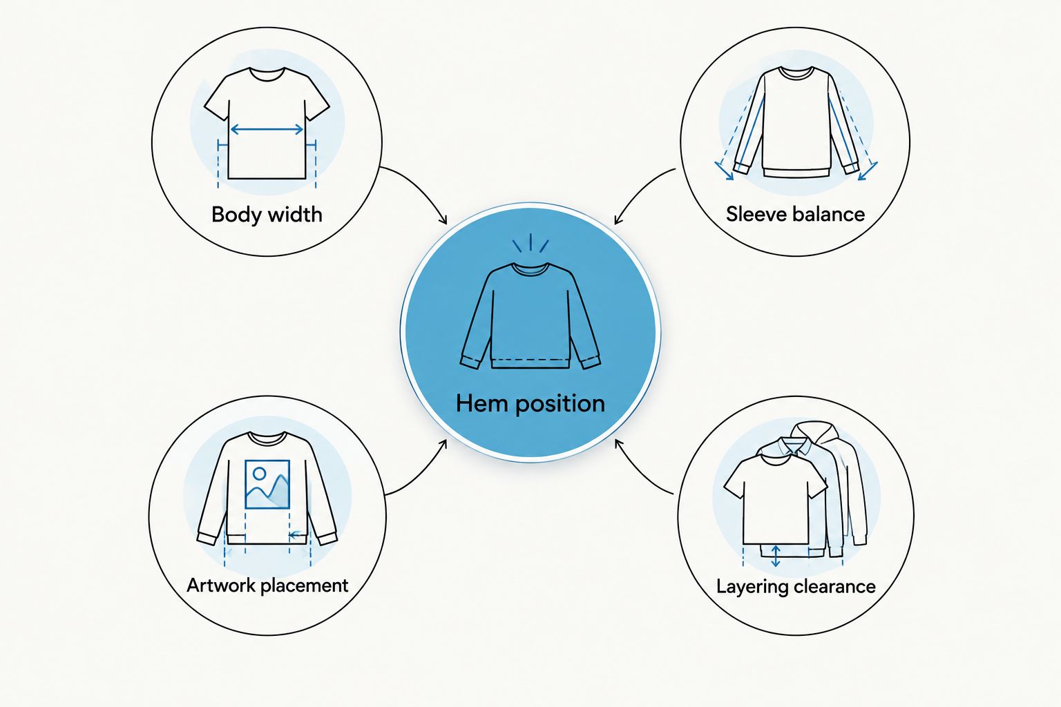 Cropped hoodie selection criteria arranged around hem position