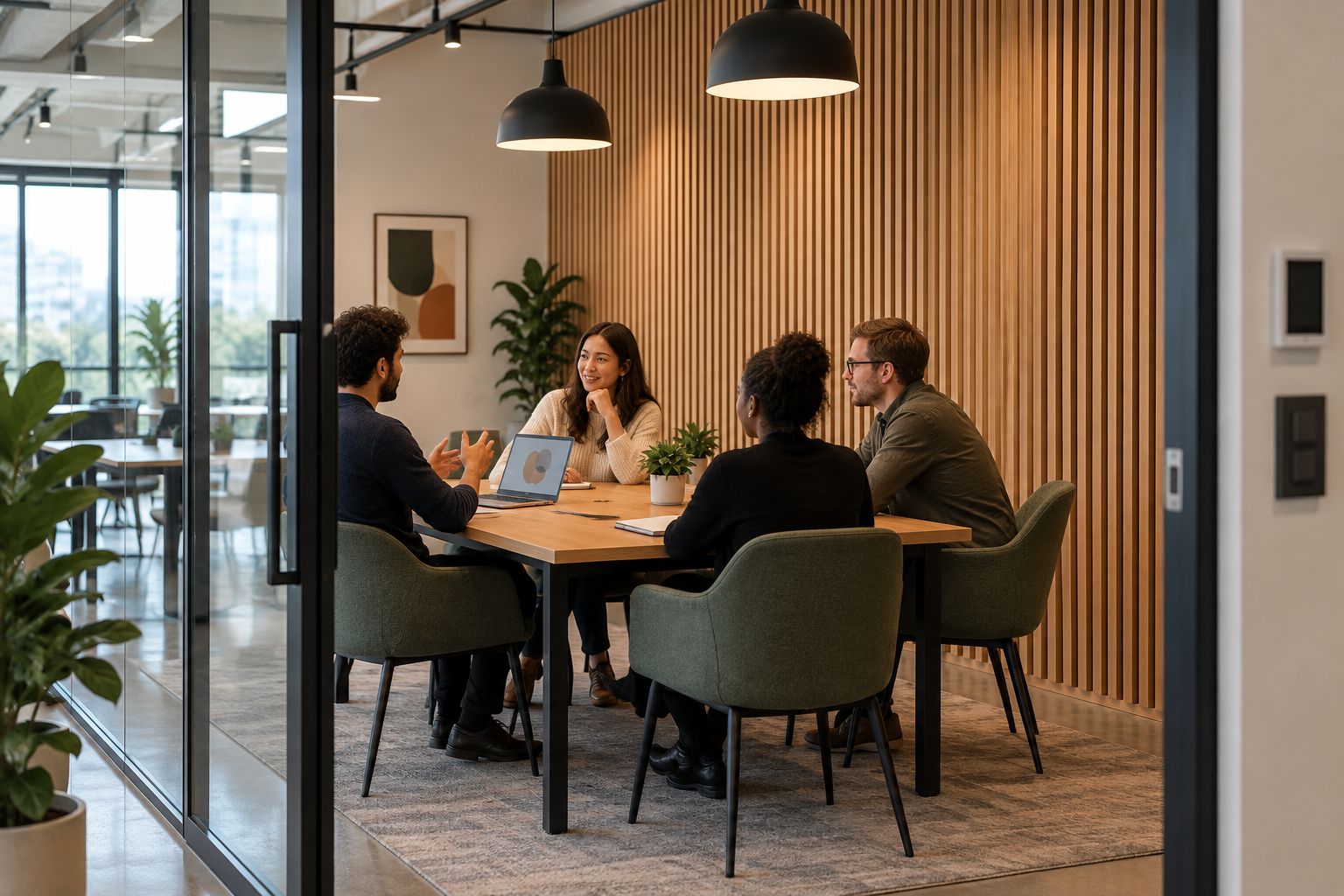 Coworking meeting room with wood-slat wall treatment beside the seated discussion area