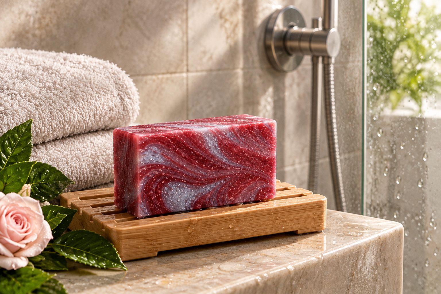 An unbranded soap bar on a draining dish outside the shower spray