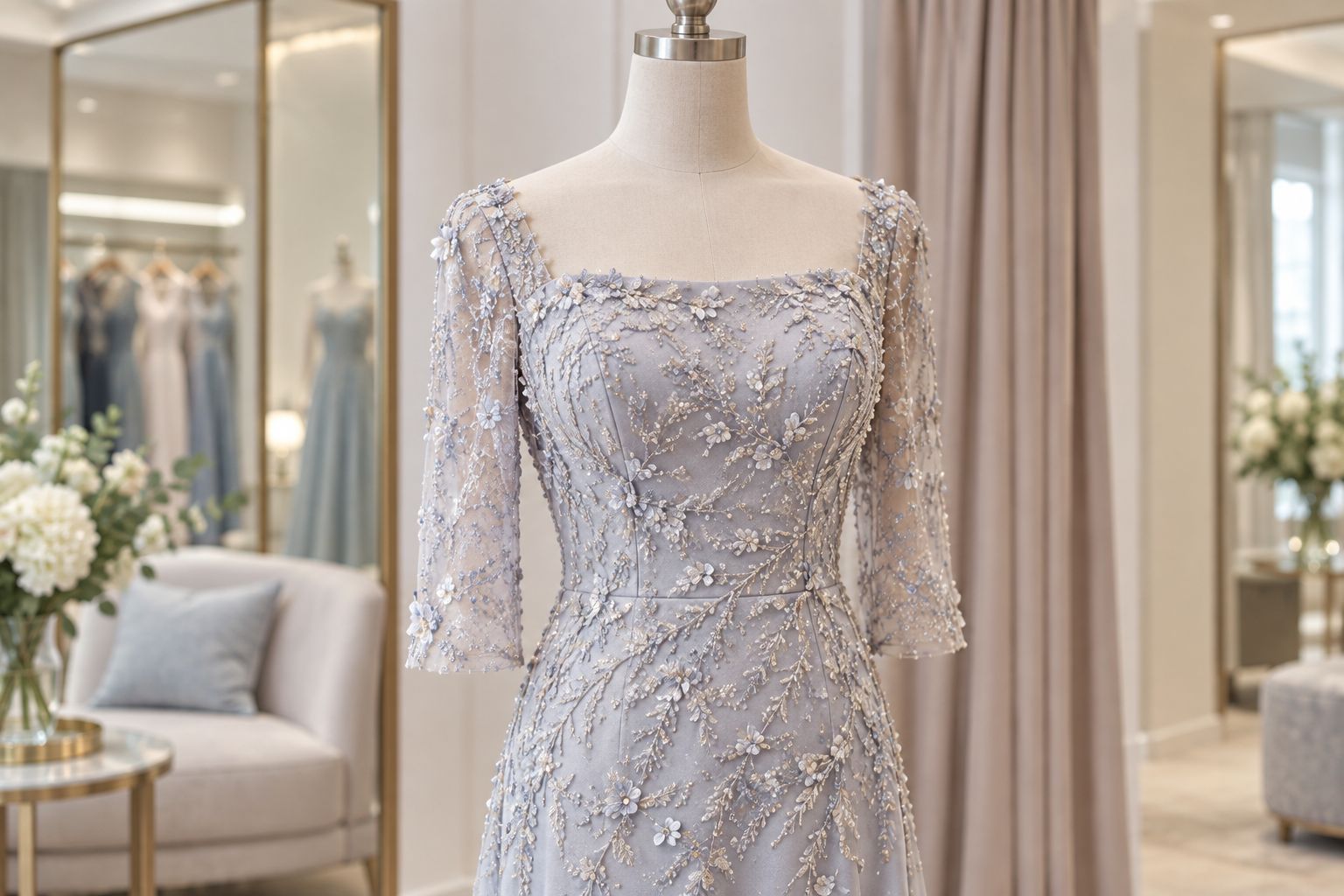 Structured beaded evening gown on a mannequin in a boutique fitting room