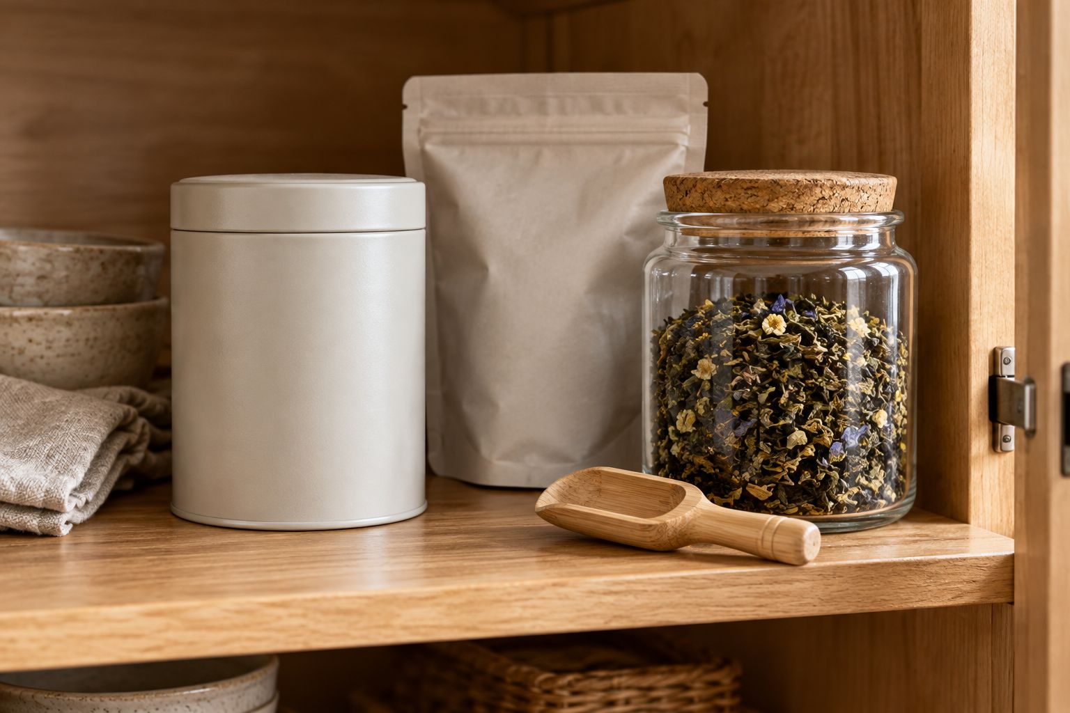 Loose tea stored in a closed pouch, opaque tin, and glass jar inside a kitchen cupboard.