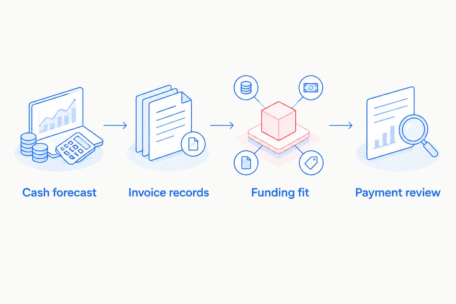 Four checkpoints connecting cash forecasting, invoice records, funding selection, and payment review.