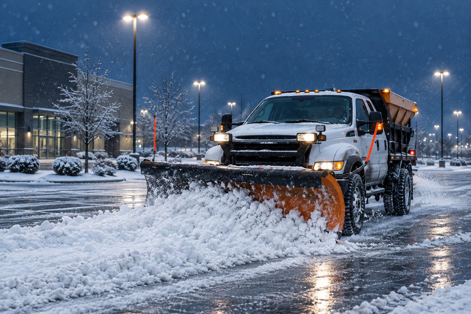 Plow truck clearing a commercial parking lot before sunrise