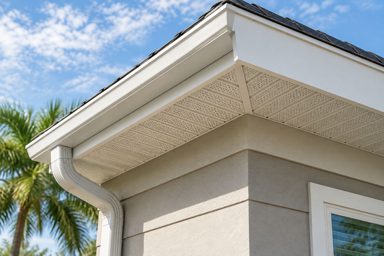 View from below showing the soffit, fascia, and gutter at a home roof edge