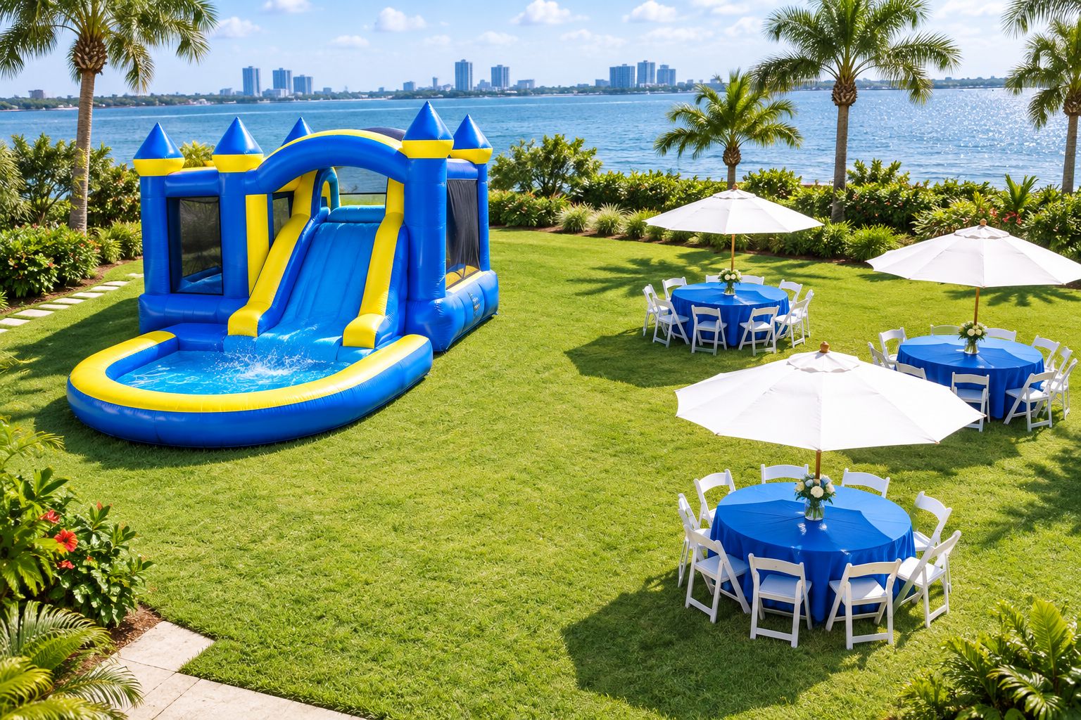 Generic party layout separating an inflatable activity from tables, chairs, and walking space